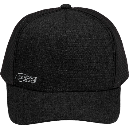 Custom Recycled Cotton Canvas 5 Panel Mesh Back Ballcap - Black/Black Front View 