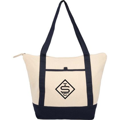 Custom Isle 8 oz Organic Cotton Zippered Tote - Natural/Navy Blue Front View Custom Isle 8 oz Organic Cotton Zippered Tote - Natural/Navy Blue Front View