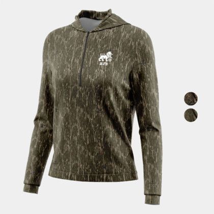 Custom Mossy Oak Women's 4.4 oz. Polyester Interlock Pullover Half Zip Hoodie - MO Bottomland Side View 