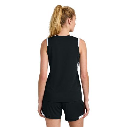 Custom Sport-Tek Women's Club Sleeveless V-Neck - Black with White Back View