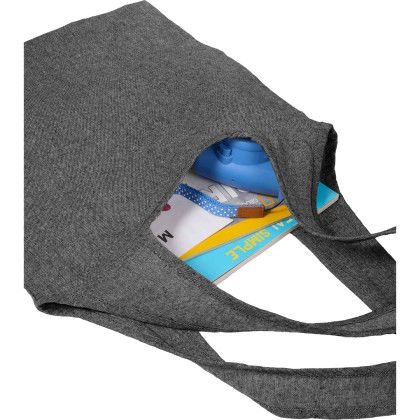 Custom Bungalow 5 oz Recycled Cotton Twill Shopper Tote - Black In Use Custom Bungalow 5 oz Recycled Cotton Twill Shopper Tote - Black In Use