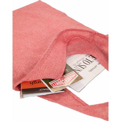 Custom Bungalow 5 oz Recycled Cotton Twill Shopper Tote - Red In Use Custom Bungalow 5 oz Recycled Cotton Twill Shopper Tote - Red In Use