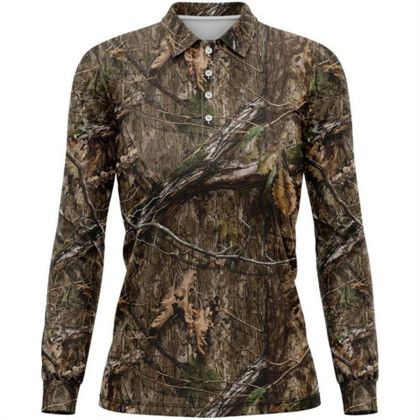 Custom Mossy Oak Women's 4.4 oz. Polyester Interlock Long Sleeve Polo Shirt - Mo-Country DNA Front View 