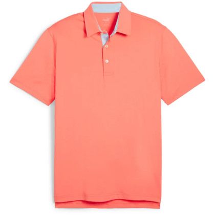 Custom PUMA MATTR Brigade UPF 40+ Men's Golf Polo Shirt - Full Color Transfer - Melon Punch/Ash Gray Custom PUMA MATTR Brigade UPF 40+ Men's Golf Polo Shirt - Full Color Transfer - Melon Punch/Ash Gray