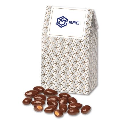 Custom Geometric Gable Top Gift Box w/Chocolate Covered Almonds - Silver With Gold 