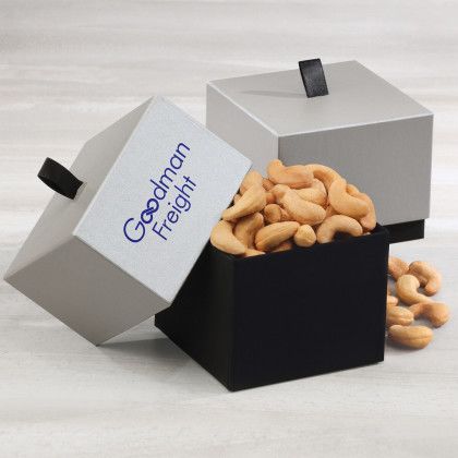 Custom Sophistication Gift Box with Fancy Cashews - Silver With Black 