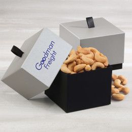 Custom Sophistication Gift Box with Fancy Cashews - Silver With Black Custom Sophistication Gift Box with Fancy Cashews - Silver With Black