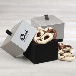 Custom Sophistication Gift Box with Chocolate Dipped Pretzels - Silver With Black 