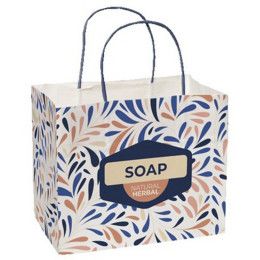 Custom Multi-Sided Full Color White Shopper Paper Bag - Blue Handle - 8.5" x 7.25" x 5"