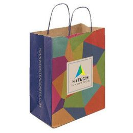 Custom Multi-Sided Full Color Natural Shopper Paper Bag - Blue Handle - 8.5" x 10.25" x 5"