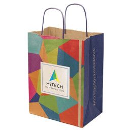 Custom Multi-sided Full Color Natural Shopper Paper Bag - Blue Handle - 8.5" x 13.375" x 5"