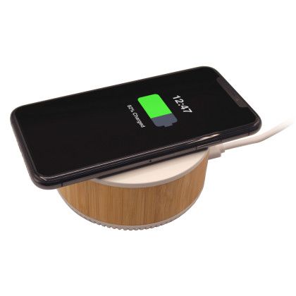 Custom iBlu Phonic 15W Mini Wireless Charger and Bluetooth Speaker - Lifestyle View 