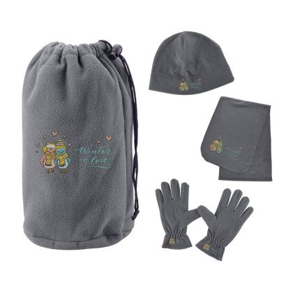 Custom Embroidered Fleece Winter Hat, Scarf and Glove Set -  Gray