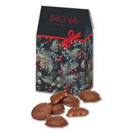 Custom Caramel Pecan Clusters in Pine & Berries Gable Top Box Custom Caramel Pecan Clusters in Pine & Berries Gable Top Box