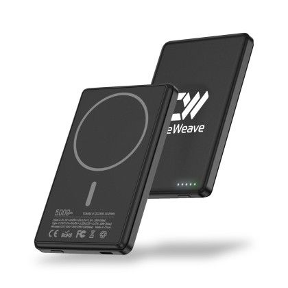 Custom Ultra-thin 5,000 mAh Wireless Portable Charger Power Bank - Black Front and Back View Custom Ultra-thin 5,000 mAh Wireless Portable Charger Power Bank - Black Front and Back View