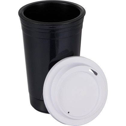Custom Traveler 16 oz Travel Cup with Sip-Through Lid - Black Open Cap View 