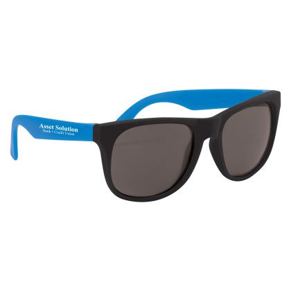 Rubberized Promotional Sunglasses with Business Logo - Black/Blue Rubberized Promotional Sunglasses with Business Logo - Black/Blue