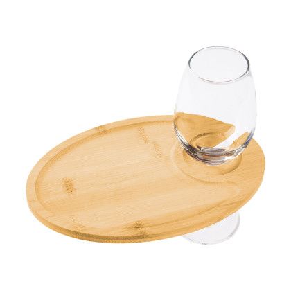 Custom Wine & Dine Recessed Bamboo Tray With Wine Glass Holder - Bamboo In Use Custom Wine & Dine Recessed Bamboo Tray With Wine Glass Holder - Bamboo In Use
