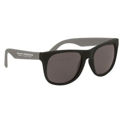 Rubberized Promotional Sunglasses with Business Logo Black with Gray Rubberized Promotional Sunglasses with Business Logo Black with Gray