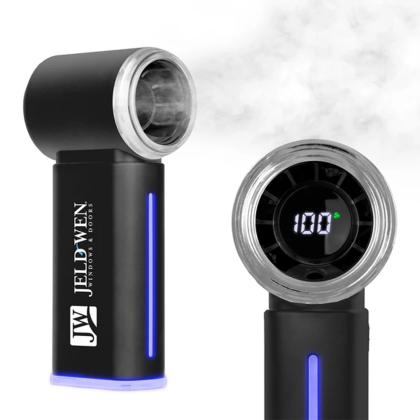 Custom BreezeMist Rechargeable Handheld Fan - Black In Use Custom BreezeMist Rechargeable Handheld Fan - Black In Use