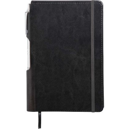 Custom 6" x 8.5" FSC Mix Viola Bound Notebook with Pen - Black Back View 
