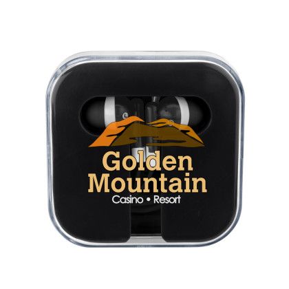 Ear Buds in Square Case | Company Logo Earbuds in Cases - Black/Black