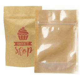 Custom One Color Stand Up Kraft Pouch with Clear Back - 5" x 8" x 2.5" Custom One Color Stand Up Kraft Pouch with Clear Back - 5" x 8" x 2.5"