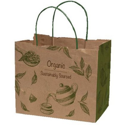 Custom Multi-Sided Full Color Natural Shopper Paper Bag - Green Handle - 8.5" x 7.25" x 5"