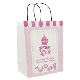 Custom One Color 1-Sided White w/ Black Handle Shopper Paper Bags - 8" x 10.25" x 5"