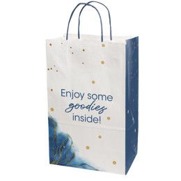 Custom Multi-sided Full Color White Shopper Paper Bag - Blue Handle - 8.5" x 13.375" x 5" Custom Multi-sided Full Color White Shopper Paper Bag - Blue Handle - 8.5" x 13.375" x 5"