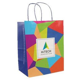 Custom Multi-Sided Full Color White Shopper Paper Bag - Blue Handle - 8.5" x 10.25" x 5" Custom Multi-Sided Full Color White Shopper Paper Bag - Blue Handle - 8.5" x 10.25" x 5"