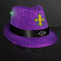 Custom Mardi Gras Sequin Fedoras with Black Bands - Purple with Black with Gold
