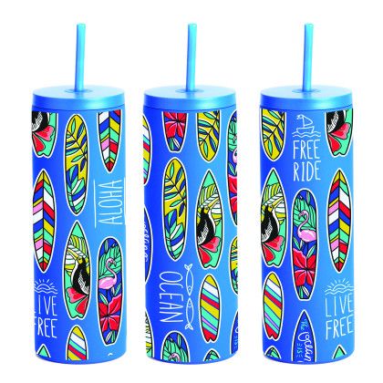 Custom 20 oz Slim Rubberized Tumbler With Spill Reduction Straw - Blue