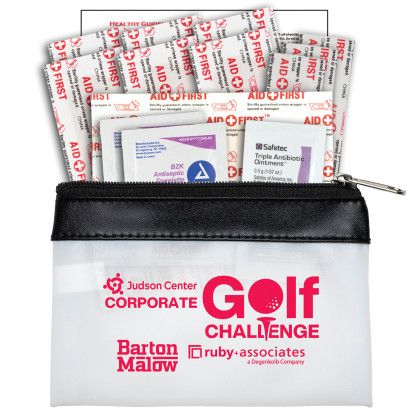 Custom Safety-On-The-Go 14 Piece First Aid Kit in Colorful Zipper Vinyl Pouch - Frost/Black