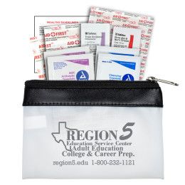 Custom Safety-On-The-Go STING 16 Piece First Aid Kit in Colorful Zipper Vinyl Pouch - Black With Frost White 