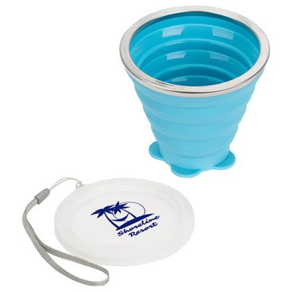 Custom Groove 9 oz Collapsible Silicone Cup with Lid - Light Blue Open View 