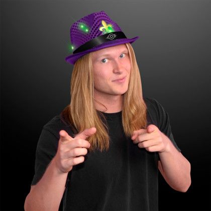 Custom Mardi Gras Sequin Fedoras with Black Bands - Purple with Black with Gold Lifestyle View 