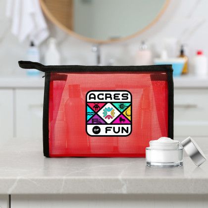 Custom Recycled Mesh Toiletry Bag - Red Lifestyle View Custom Recycled Mesh Toiletry Bag - Red Lifestyle View
