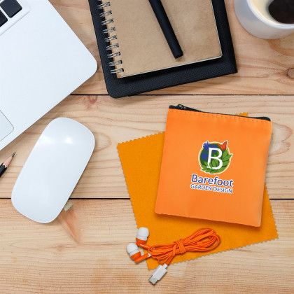 Custom Colorful RPET Ear Bud & Cloth Set - Orange Lifestyle View 