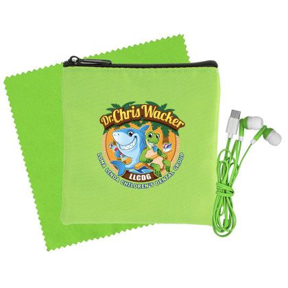 Custom Colorful RPET Ear Bud & Cloth Set - Green