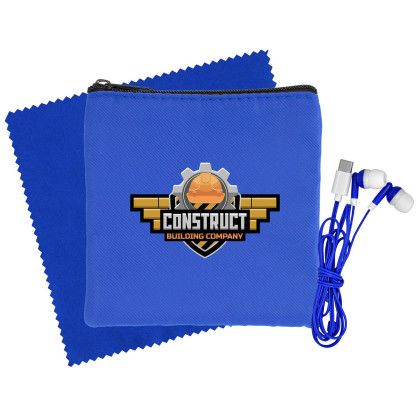 Custom Colorful RPET Ear Bud & Cloth Set - Blue 