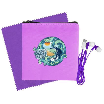 Custom Colorful RPET Ear Bud & Cloth Set - Purple 