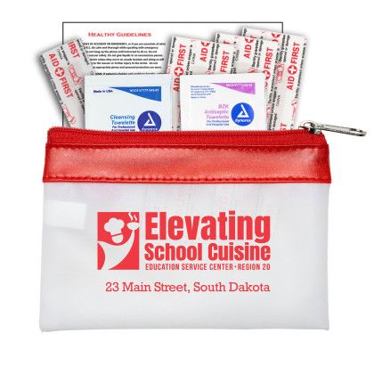 Custom Safety-On-The-Go FS 7 Piece First Aid Kit in Colorful Zipper Vinyl Pouch - Frost/Red