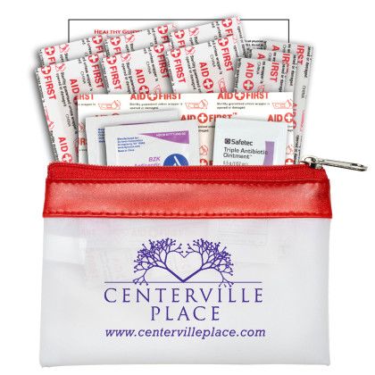 Custom Safety-On-The-Go 14 Piece First Aid Kit in Colorful Zipper Vinyl Pouch - Frost/Red