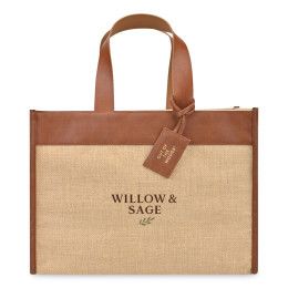 Custom Out of The Woods Jute Trim Box Tote - Natural Front view