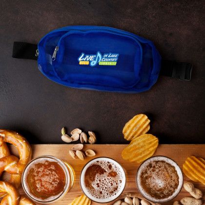 Custom Recycled Multi-Pocket Mesh Fanny Pack - Blue Lifestyle View 