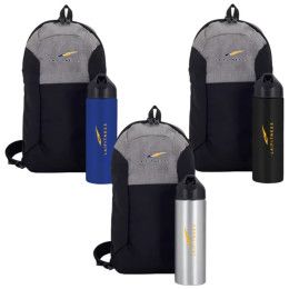 Custom Pac-It Ready Sling Bag & Water Bottle Gift Set - Black/Blue/Silver