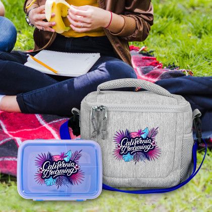 Custom Full Color Adventure Clip Top Lunch Bag Set - Blue Lifestyle View 