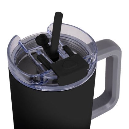 Custom Key West 22 oz SS Travel Mug w/Can Cooler - Black Open Cap View 