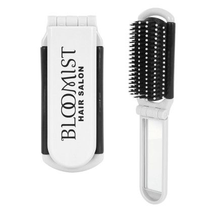 Custom Kwik-Fix Folding Brush with Mirror - White
